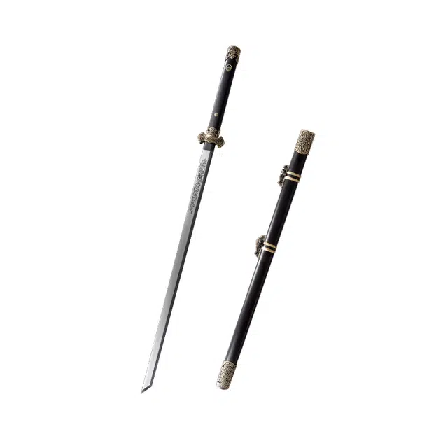 天子剑 盛世唐剑唐刀 黑檀木鞘 黄铜镂空装饰 百炼花纹钢覆土烧刃剑身 未开刃 成品模型