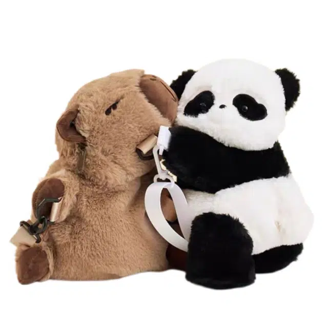 抱竹 古力古力 熊猫和卡皮巴拉趴趴包 可爱百搭包包 聚脂钎维 双肩包 中号 男女同款情侣款 黑白