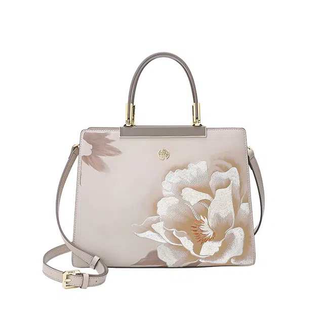 古伊西 国色中国风牡丹花刺绣工艺大容量新中式 牛皮 手提包 女款 石蕊红 大号