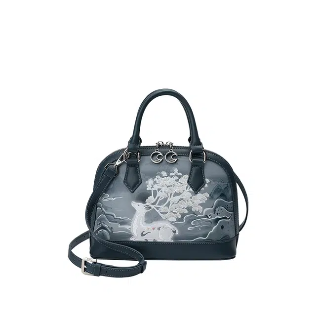 古伊西 新中式国风刺绣 手提包 大号 牛剖层皮革 女款 绀青