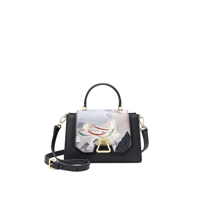 古伊西 新中式飞天九色鹿国风印花锁扣大容量 斜挎包 中号 牛皮 女款 灰紫色