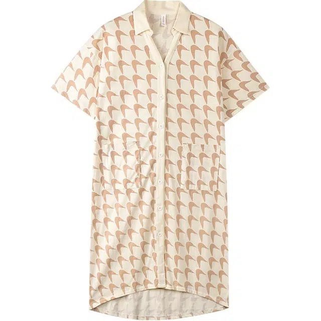 浪莎 衬衫翻领开衫满印中长款短袖睡裙 女款 杏色