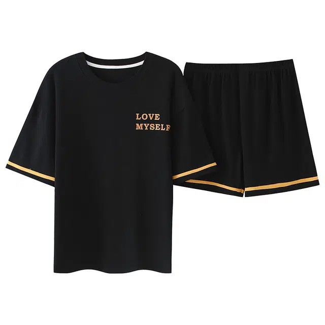 浪莎 时尚百搭字母印花圆领短袖上衣中腰休闲短裤睡衣套装 女款 黑色