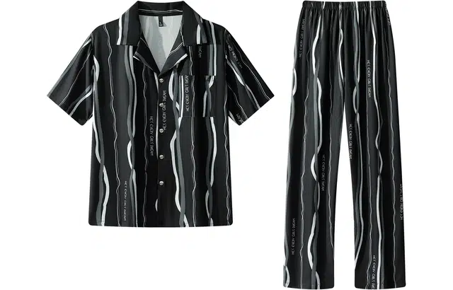 宫蝶 夏威夷系列 冰丝短袖长裤度假风家居服三件套可外穿复古风开衫宽松大码休闲睡衣套装 男款 黑色