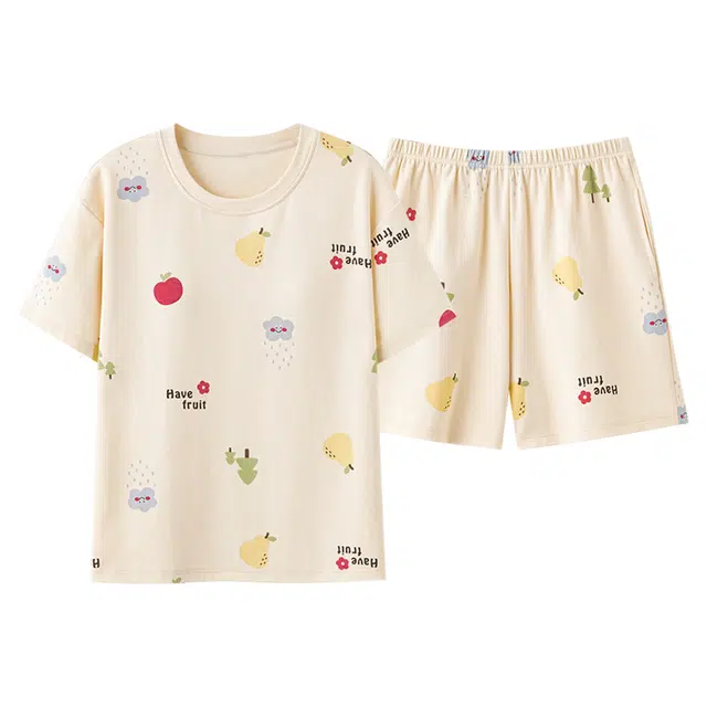 浪莎 圆领舒适短袖上衣松紧腰短裤睡衣套装 女款 米色