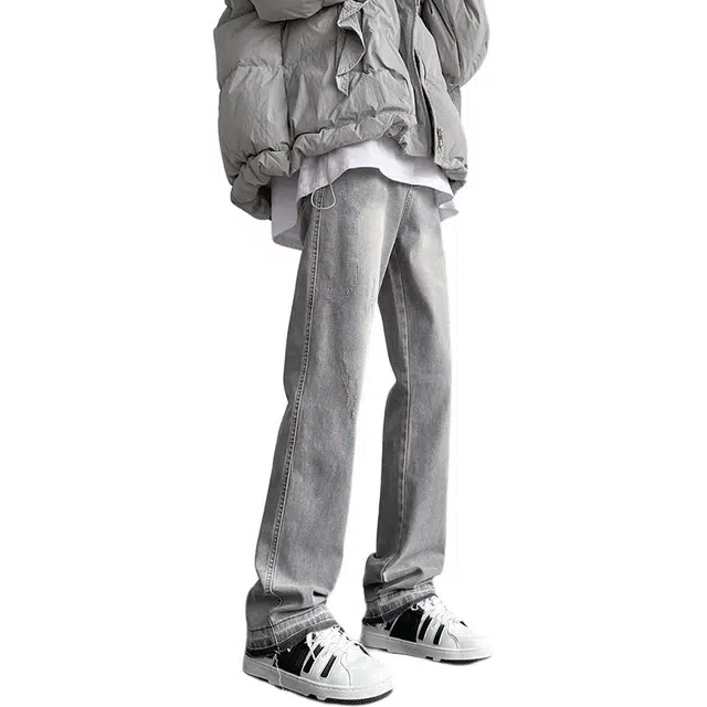 雅鹿 美式高街复古百搭直筒宽松水洗耐磨中腰牛仔裤 男款 浅烟灰