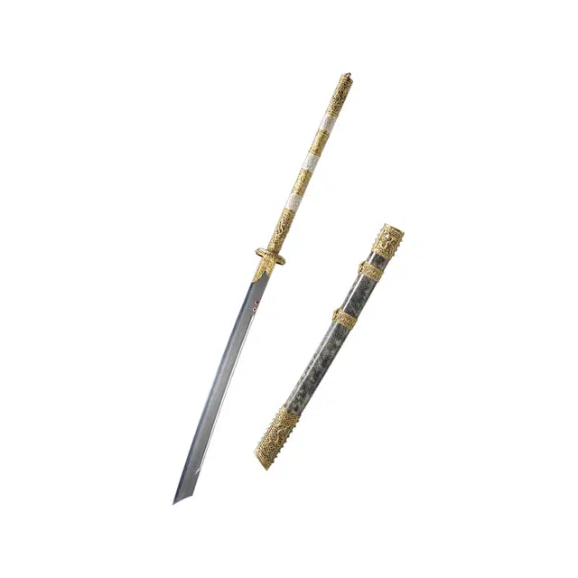 天子剑 康熙战刀 珍珠鱼皮鞘黄铜镂空鎏银装饰百炼花纹钢覆土烧刃 未开刃 成品模型