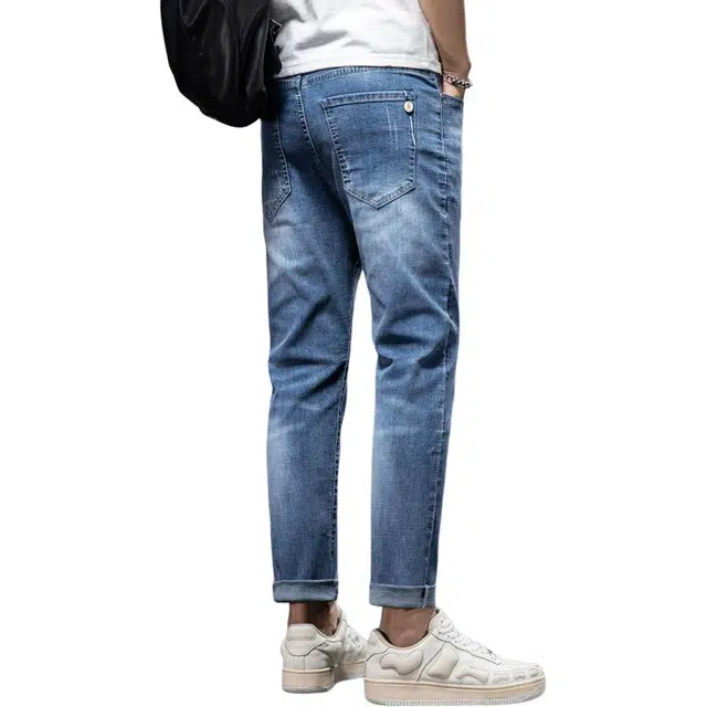 雅鹿 弹力修身直筒哈伦水洗做旧九分牛仔裤 男款 蓝色