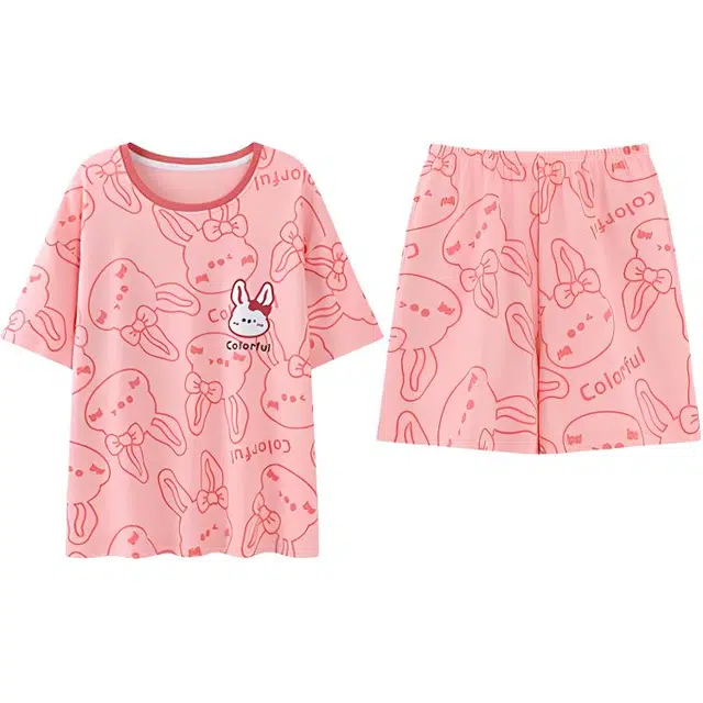 浪莎 卡通动漫圆领短袖简约印花短裤睡衣套装 女款 粉色