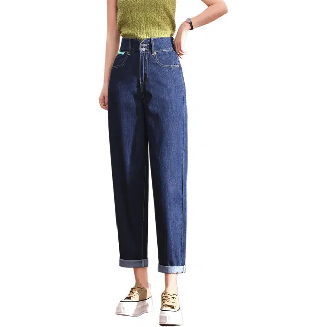 惟熙 高腰阔腿裤薄款宽松双扣设计小个子九分哈伦老爹裤牛仔裤 女款 蓝色