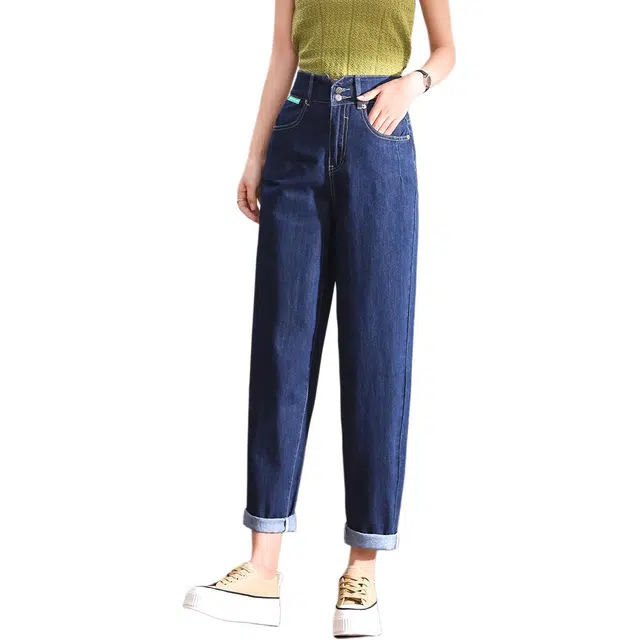 惟熙 高腰阔腿裤薄款宽松双扣设计小个子九分哈伦老爹裤牛仔裤 女款 蓝色