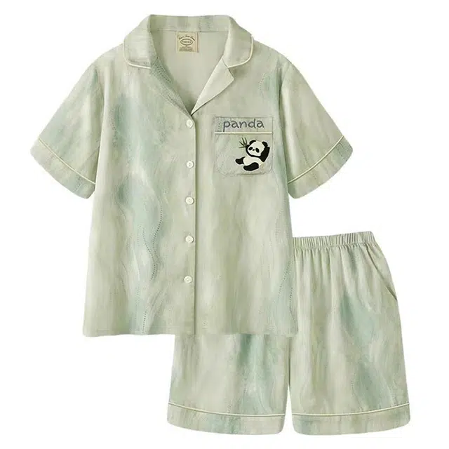 俏霓桐 流光熊猫凉感舒适冰雪丝自带胸垫短开衫睡衣套装 女款 绿色