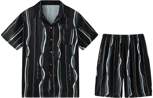 宫蝶 东南亚风情系列 冰丝短袖度假风三件套可外穿家居服条纹开衫薄款休闲大码睡衣套装 男款 黑色