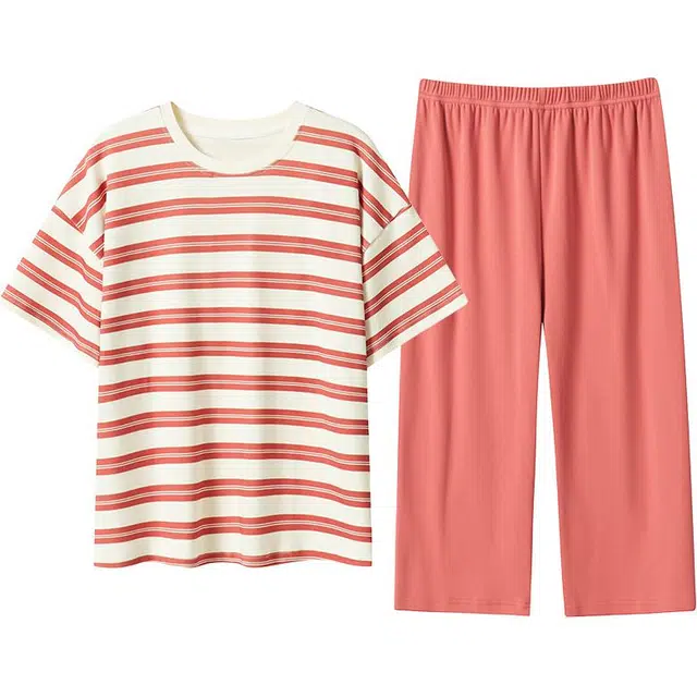 浪莎 纯棉带胸垫条纹圆领套头短袖上衣松紧腰七分裤睡衣套装 女款 粉红