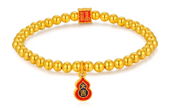 老庙 新中式经典硬金福字葫芦烤漆铜钱大吉大利转运珠 足金 按克计价 黄金手串 女款