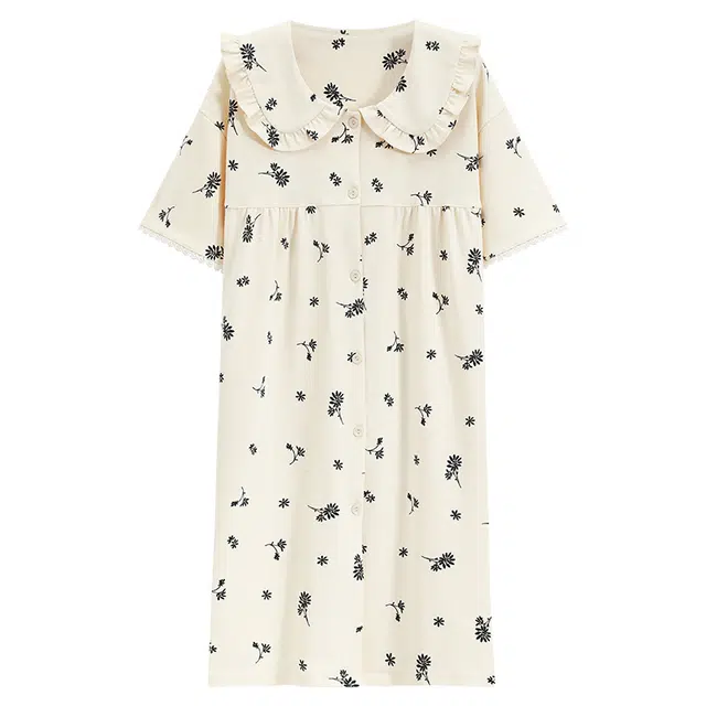 浪莎 翻领印花单排扣套头短袖睡裙 女款 杏色