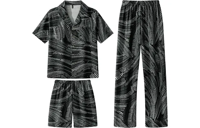 宫蝶 东南亚风情系列 冰丝短袖长裤三件套家居服薄款可外穿复古风开衫宽松休闲大码睡衣套装 男款 黑色