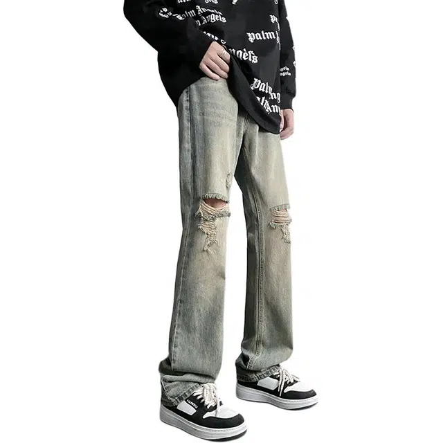 雅鹿 高街美式复古潮牌破洞直筒宽松水洗耐磨中腰牛仔裤 男款 黄泥