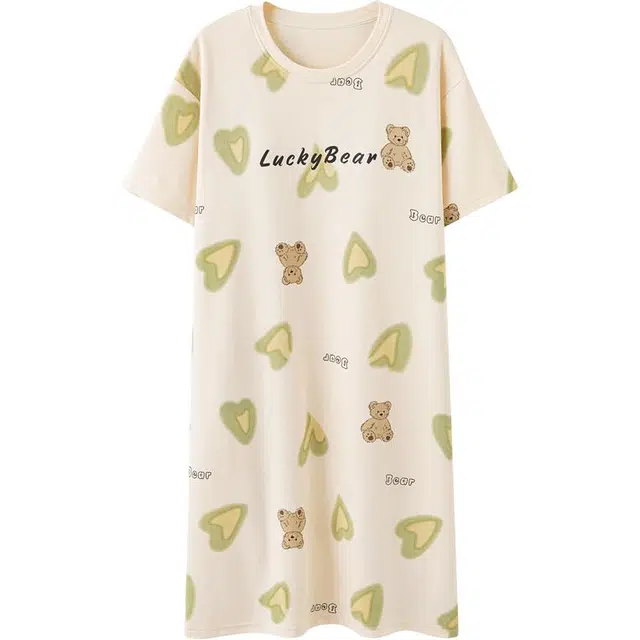 浪莎 纯棉带胸垫薄款圆领短袖睡裙 女款 爱心小熊字母