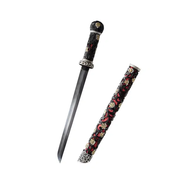 天子剑 靖心刀 黄铜镂空鎏金银装具 木胎包珍珠鱼皮鞘 百炼钢羽毛纹覆土烧刃未开刃 成品模型