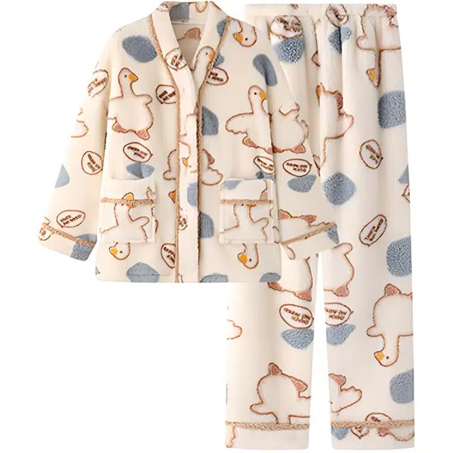 橡柠派 秋冬款珊瑚绒呆呆大白鹅开衫加厚加绒长袖长裤 家居套装  女款  米白色