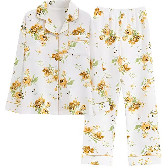 橡柠派 翻领休闲长袖上衣舒适柔软亲肤睡衣套装 女款 清新白