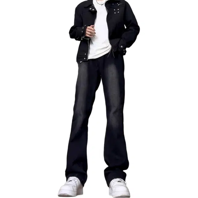 八哥 美式复古高街废土风简约基础款黑灰水洗做旧中腰宽松直筒阔腿拖地垂感弹力显瘦微喇休闲牛仔裤 男女同款