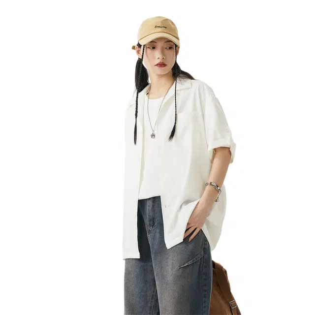 绘承 美式简约风纯色宽松薄款休闲运动百搭短袖衬衫 男女同款 黑色