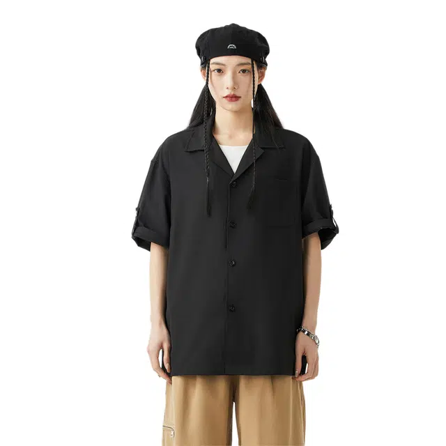 绘承 美式简约风纯色宽松薄款休闲运动百搭短袖衬衫 男女同款 黑色