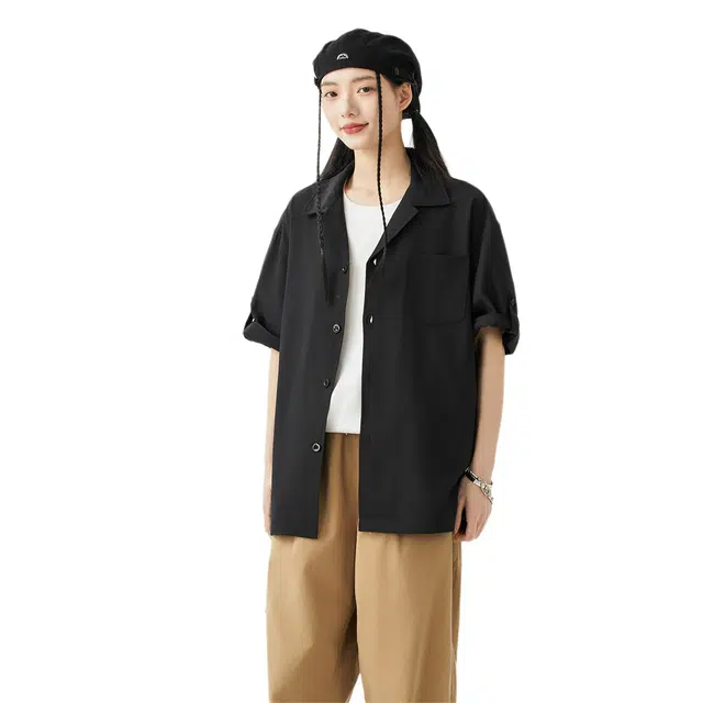 绘承 美式简约风纯色宽松薄款休闲运动百搭短袖衬衫 男女同款 黑色