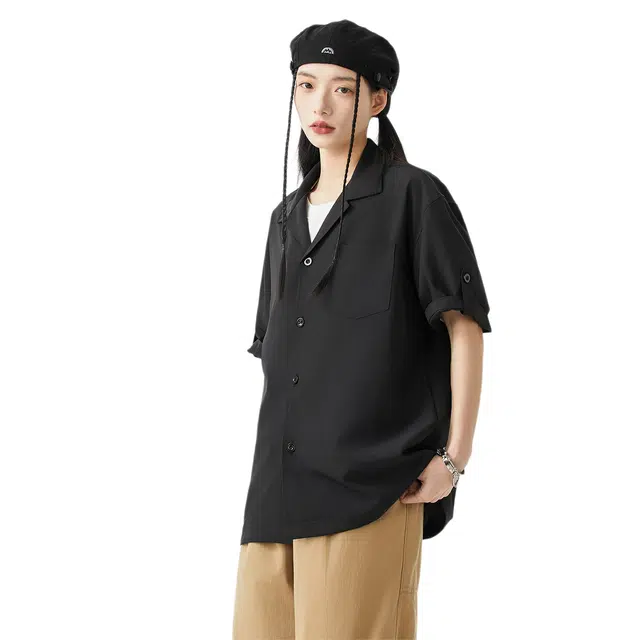 绘承 美式简约风纯色宽松薄款休闲运动百搭短袖衬衫 男女同款 黑色