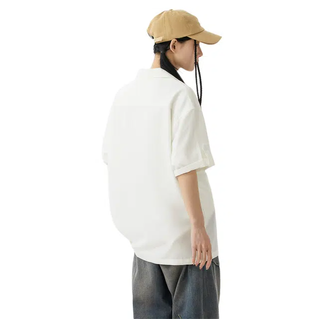 绘承 美式简约风纯色宽松薄款休闲运动百搭短袖衬衫 男女同款 黑色