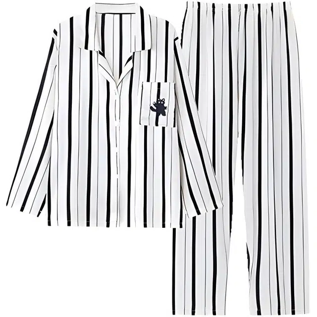 橡柠派 情侣睡衣男士春夏季冰丝长袖家居服女春秋薄款条纹可外穿套装  情侣款 白色