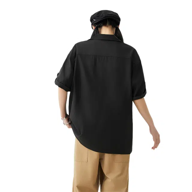 绘承 美式简约风纯色宽松薄款休闲运动百搭短袖衬衫 男女同款 黑色