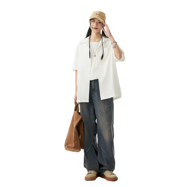 绘承 美式简约风纯色宽松薄款休闲运动百搭短袖衬衫 男女同款 黑色