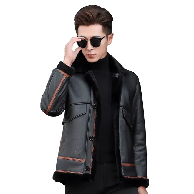 富铤 撞色皮毛一体保暖防风加厚翻领休闲真皮皮衣 男款 黑色