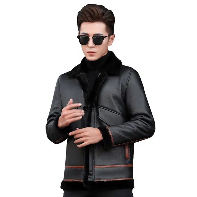 富铤 撞色皮毛一体保暖防风加厚翻领休闲真皮皮衣 男款 黑色