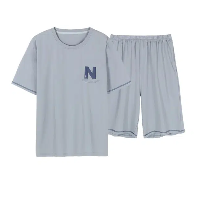 浪莎 字母印花短袖简约三分裤睡衣套装 男款 天蓝色