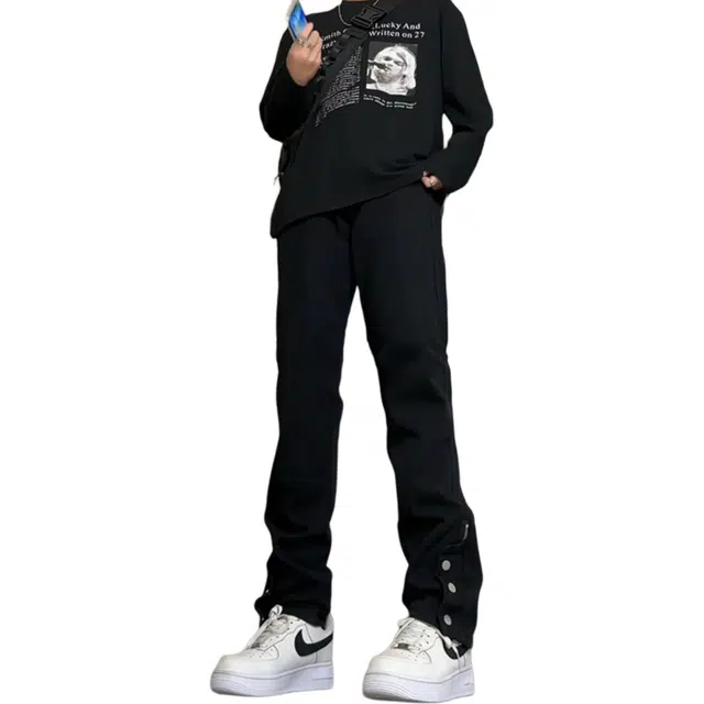 八哥 美式复古高街风水洗做旧可开纽扣侧开拉链双重设计休闲宽松直筒阔腿百搭薄款高腰弯刀工装微喇牛仔裤 男女同款