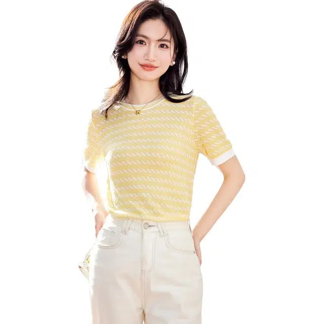 浪莎 小香风短款轻薄冰丝清爽透气条纹纯色套头圆领修身短袖针织衫 女款 黄色