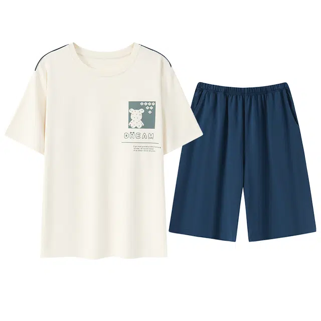 浪莎 薄款休闲字母卡通印花圆领套头短袖上衣松紧腰短裤睡衣套装 男款 图片色