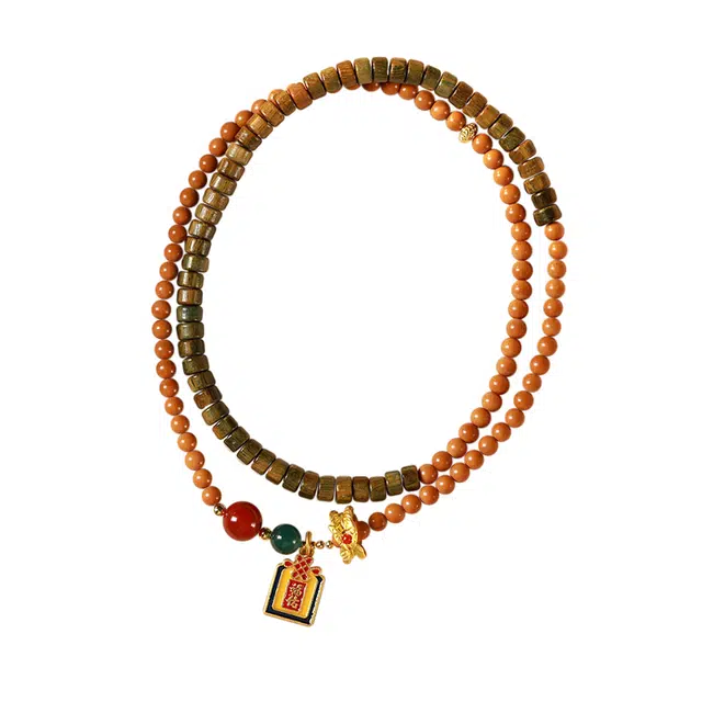 九隆古 文艺素雅小清新 招财纳福  福佑珐琅福牌 新中式国潮多圈 橄榄核 手串 男女同款情侣款