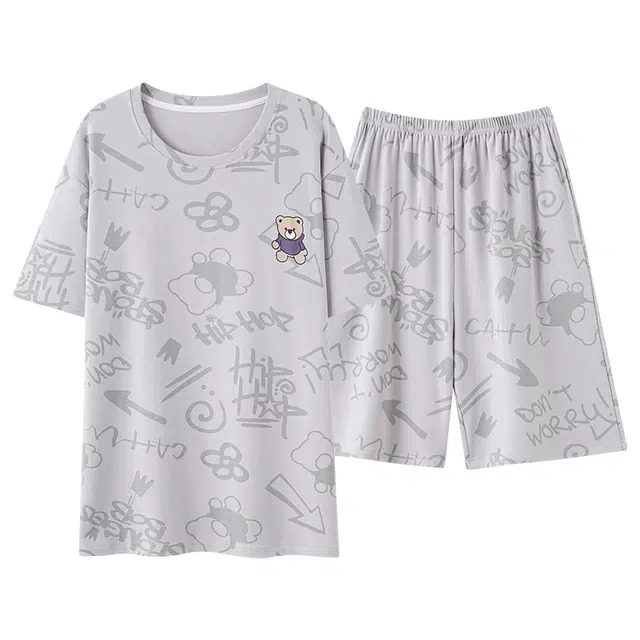 浪莎 卡通字母简约短袖上衣松紧腰五分裤睡衣套装 男款 浅灰色
