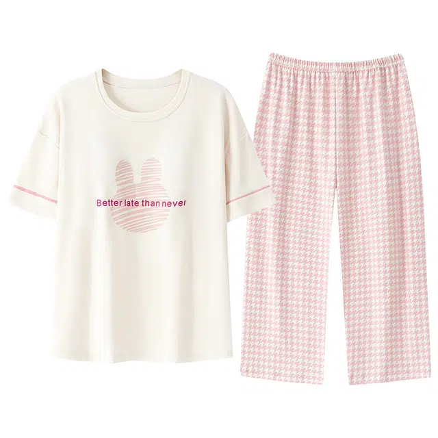 浪莎 可爱可外穿圆领套头短袖上衣松紧腰格子七分裤睡衣套装 女款 杏色