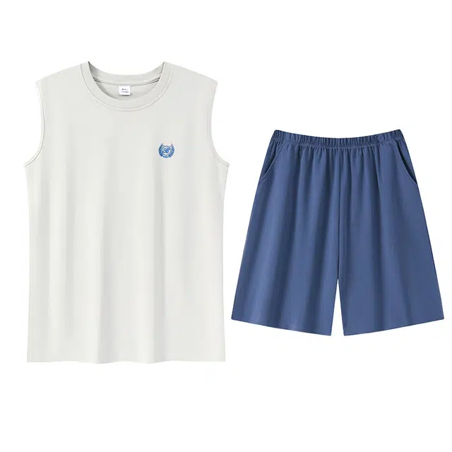 浪莎 圆领舒适无袖松紧腰五分袖睡衣套装 男款 白色蓝标蓝裤