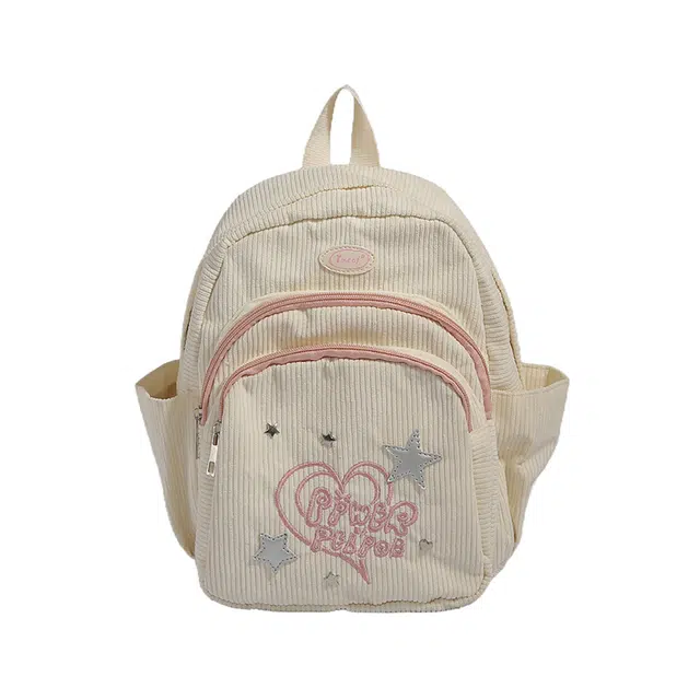 帕克熊 时尚潮流可爱少女初高中学生上课 灯芯绒 双肩包 女款 米白色