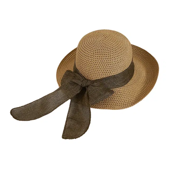 浪莎 春夏深咖啡色蝴蝶结大帽檐防晒透气 聚酯纤维 草帽太阳帽 男女同款情侣款