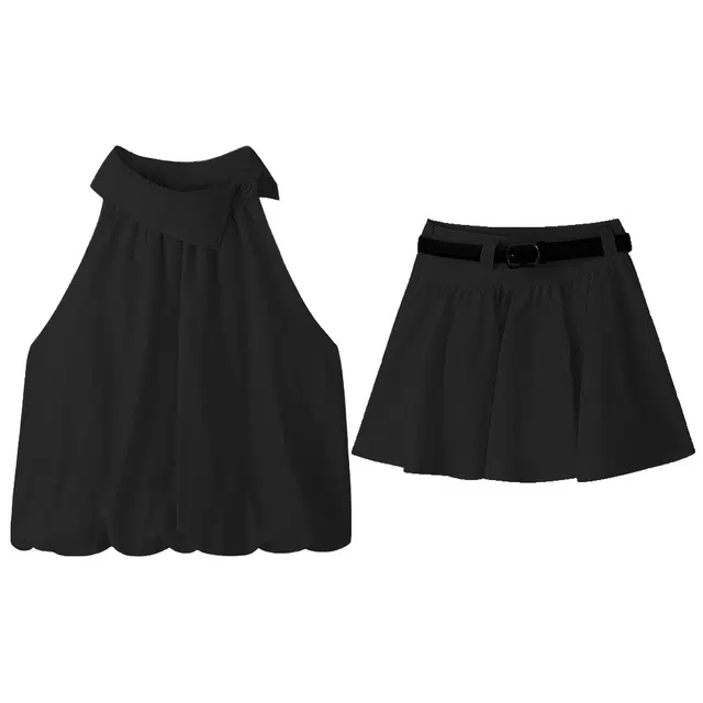 依钗 辣妹时尚无袖露肩花苞挂脖上衣吊带背心短款半身裙两件套【月光沙烁】裙装套装 女款