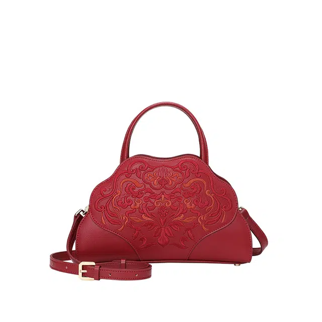 古伊西 敦煌图腾新中式 国风刺绣工艺 牛皮 休闲小众手提斜挎单肩包 中号 女款 牡丹红