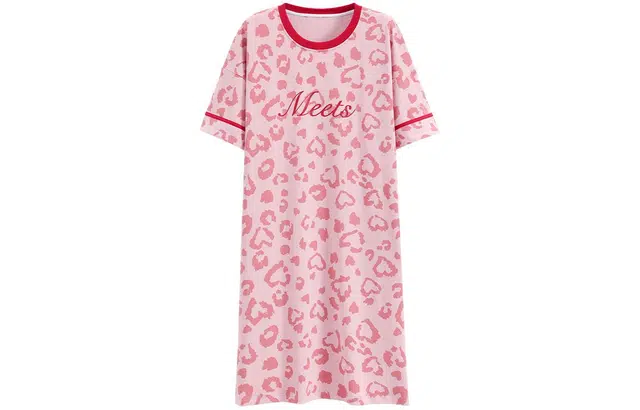 浪莎 纯棉带胸垫满印圆领套头中长款直筒短袖睡裙 女款 粉色爱心